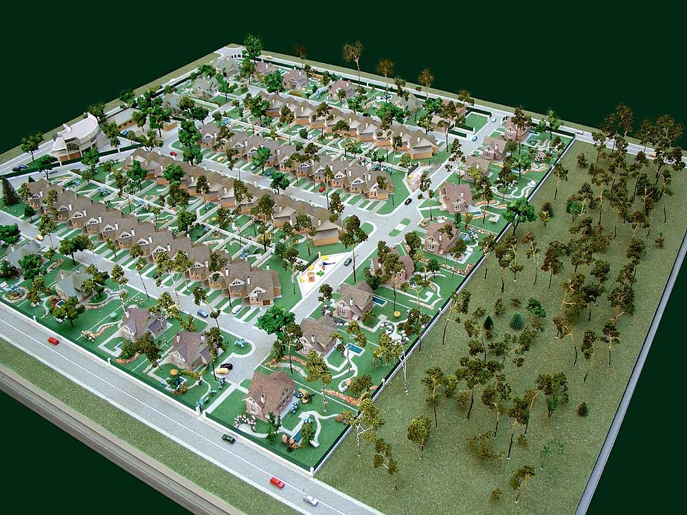 Миниатюрная модель коттеджного поселка под Киевом, пгт. Ирпень. М 1:500. Размер подмакетника 100х100 см.