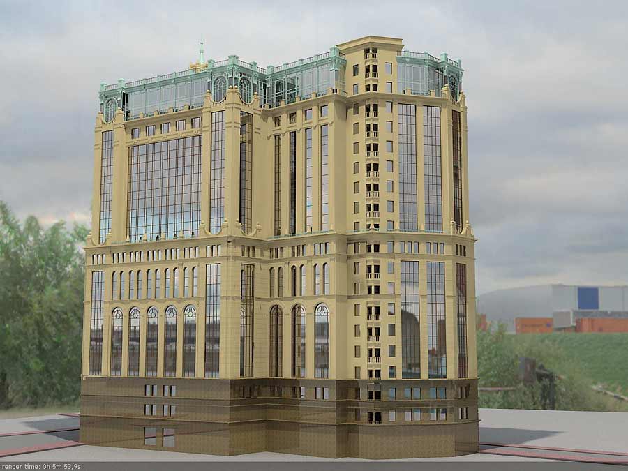 Макет офісної будівлі на перетині вулиць Московської та Різницької в Києві (на перших чотирьох фотографіях представлено 3D зображення макета будівлі).