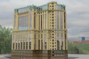 Макет офісної будівлі на перетині вулиць Московської та Різницької в Києві (на перших чотирьох фотографіях представлено 3D зображення макета будівлі).