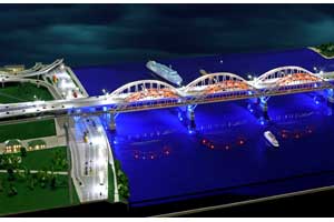 Мініатюрна модель залізничного моста через річку Дніпро. М 1:500. Розмір підмакетніка 100х600 см.